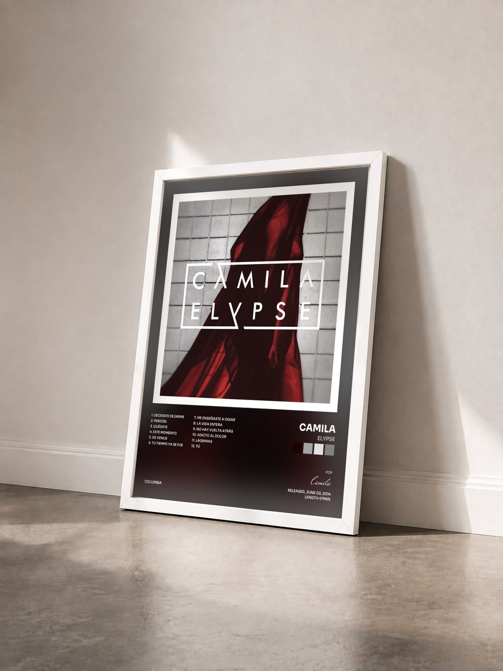 #blanc Tableau de l'album Elypse de Camila vu de trois quarts, cadre blanc
