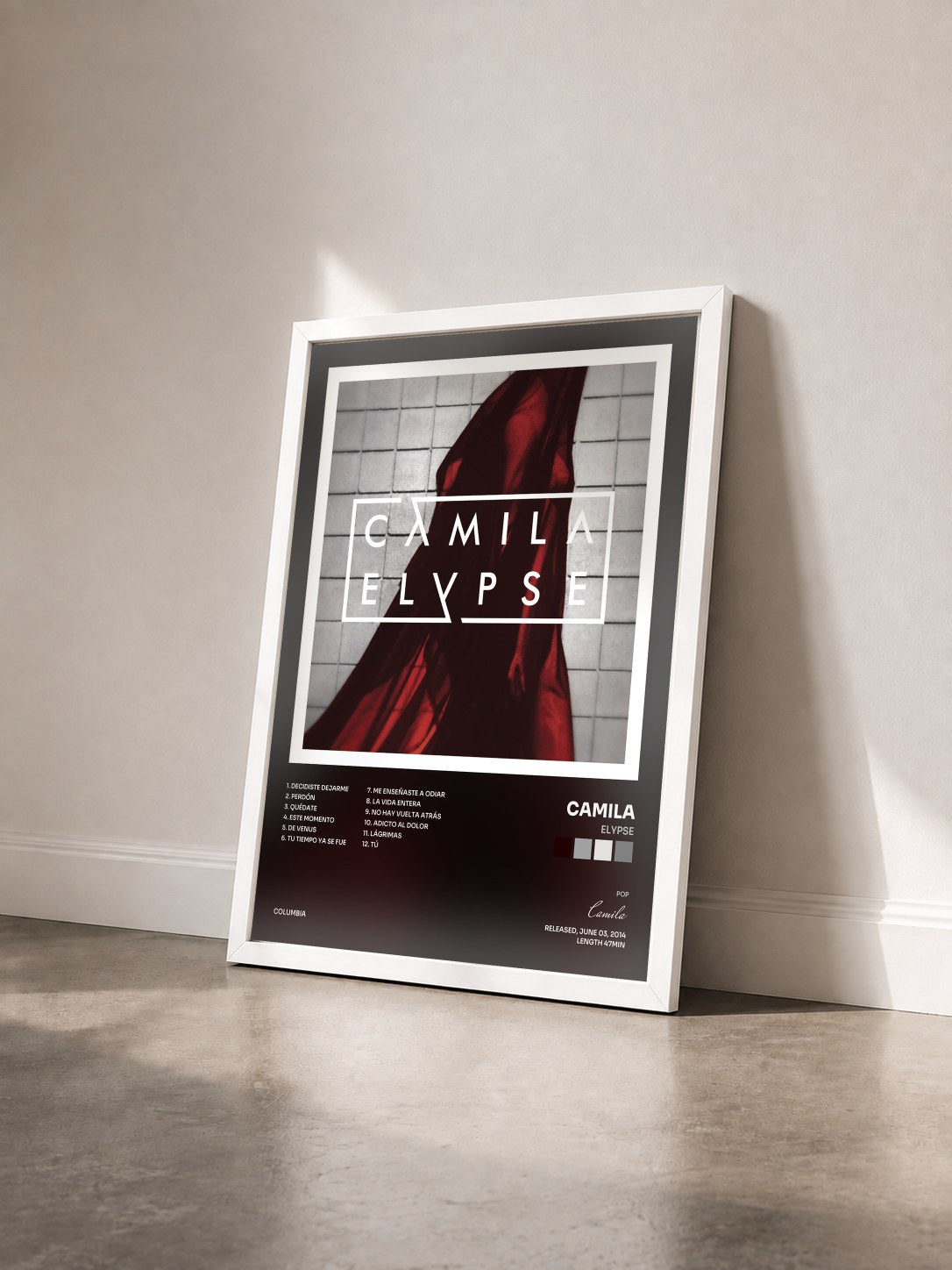 #blanc Tableau de l'album Elypse de Camila vu de trois quarts, cadre blanc