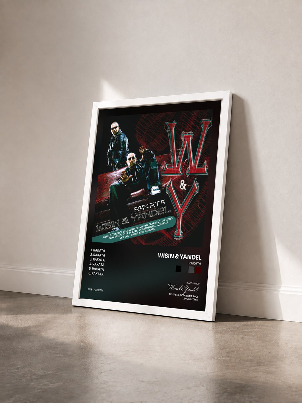 #blanc Tableau de l'album Rakata de Wisin & Yandel vu de trois quarts, cadre blanc