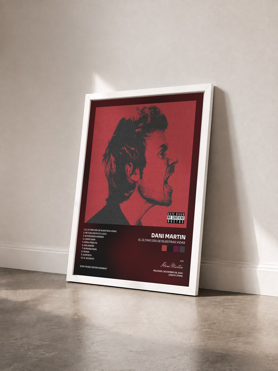 #blanc Tableau de l'album El Último Día de Nuestras Vidas de Dani Martin vu de trois quarts, cadre blanc