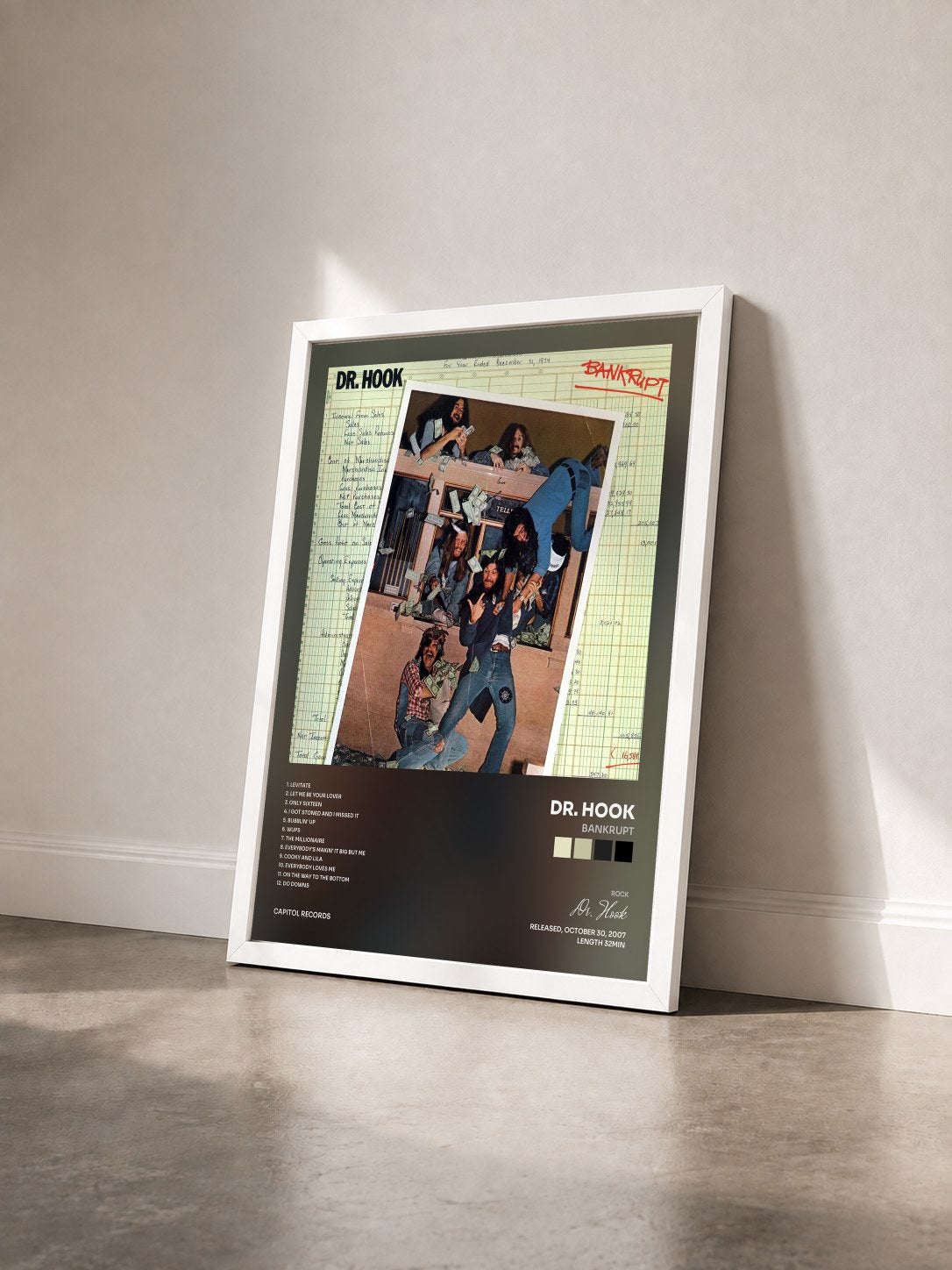 #blanc Tableau de l'album Bankrupt de Dr. Hook vu de trois quarts, cadre blanc