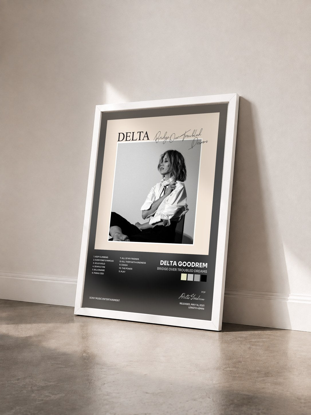 #blanc Tableau de l'album Bridge Over Troubled Dreams de Delta Goodrem vu de trois quarts, cadre blanc