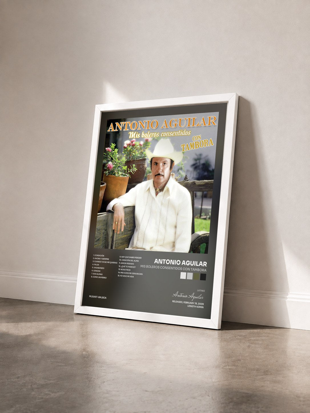 #blanc Tableau de l'album Mis Boleros Consentidos Con Tambora de Antonio Aguilar vu de trois quarts, cadre blanc