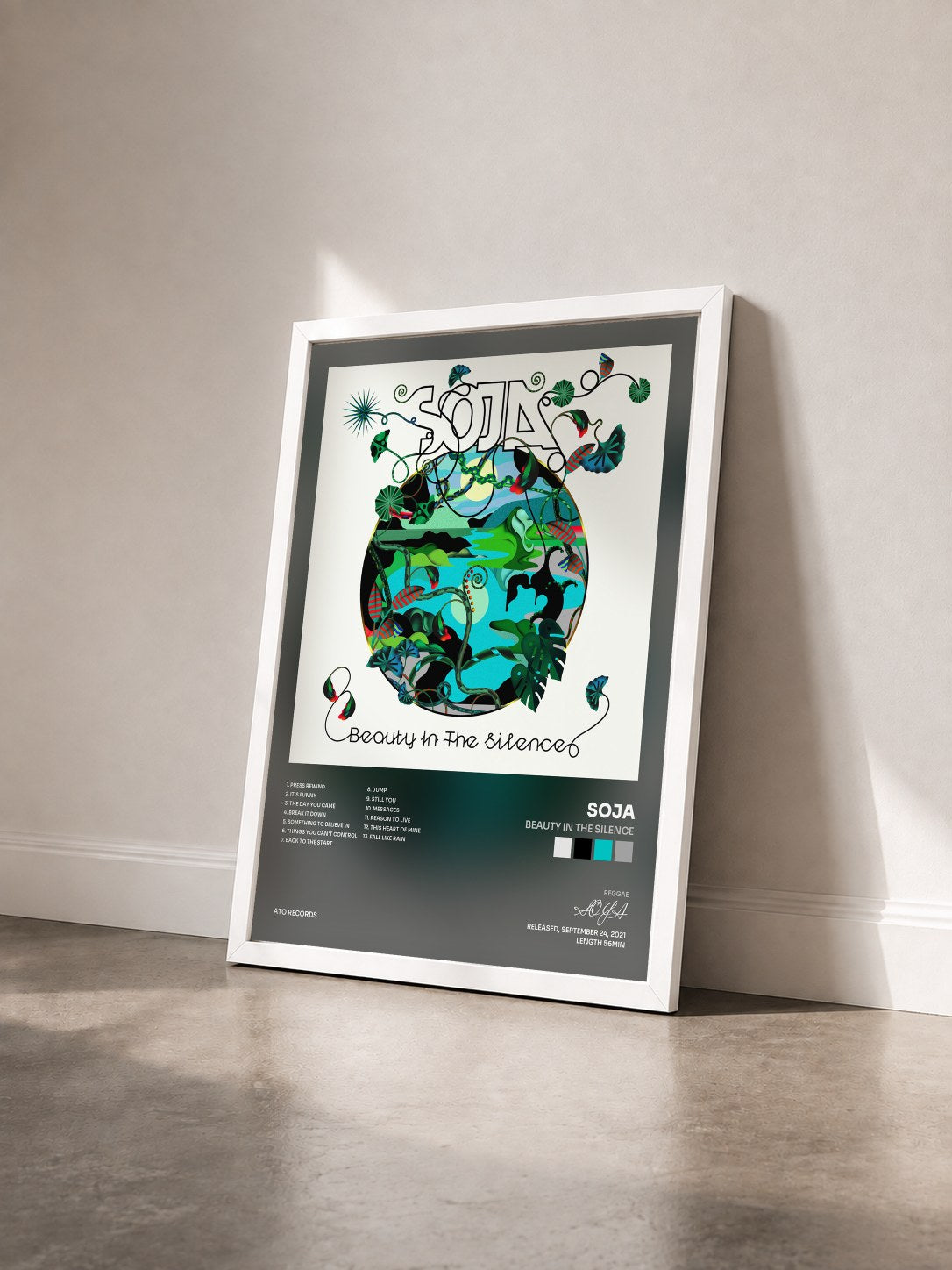 #blanc Tableau de l'album Beauty In The Silence de SOJA vu de trois quarts, cadre blanc