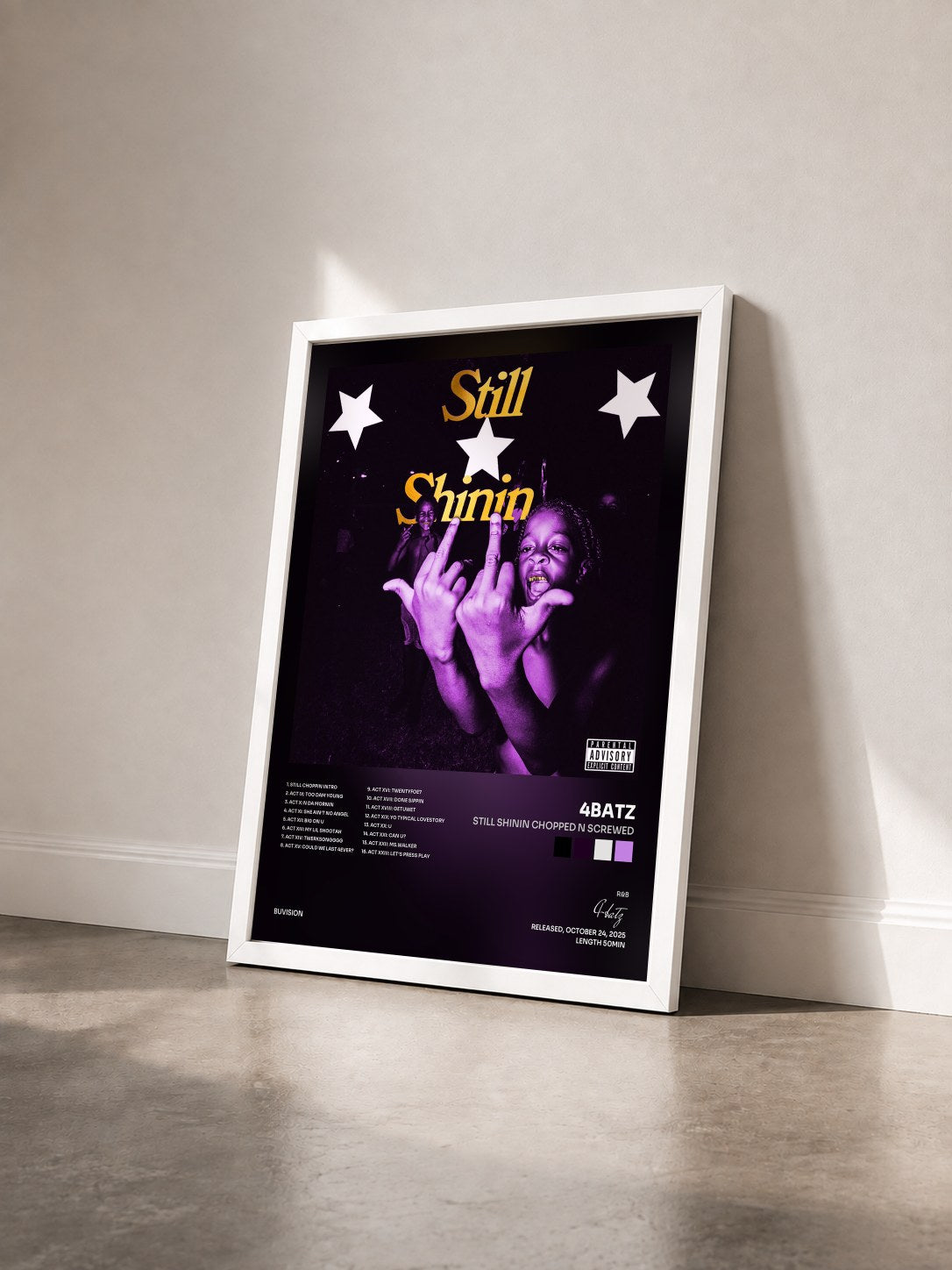#blanc Tableau de l'album Still Shinin chopped n screwed de 4batz vu de trois quarts, cadre blanc