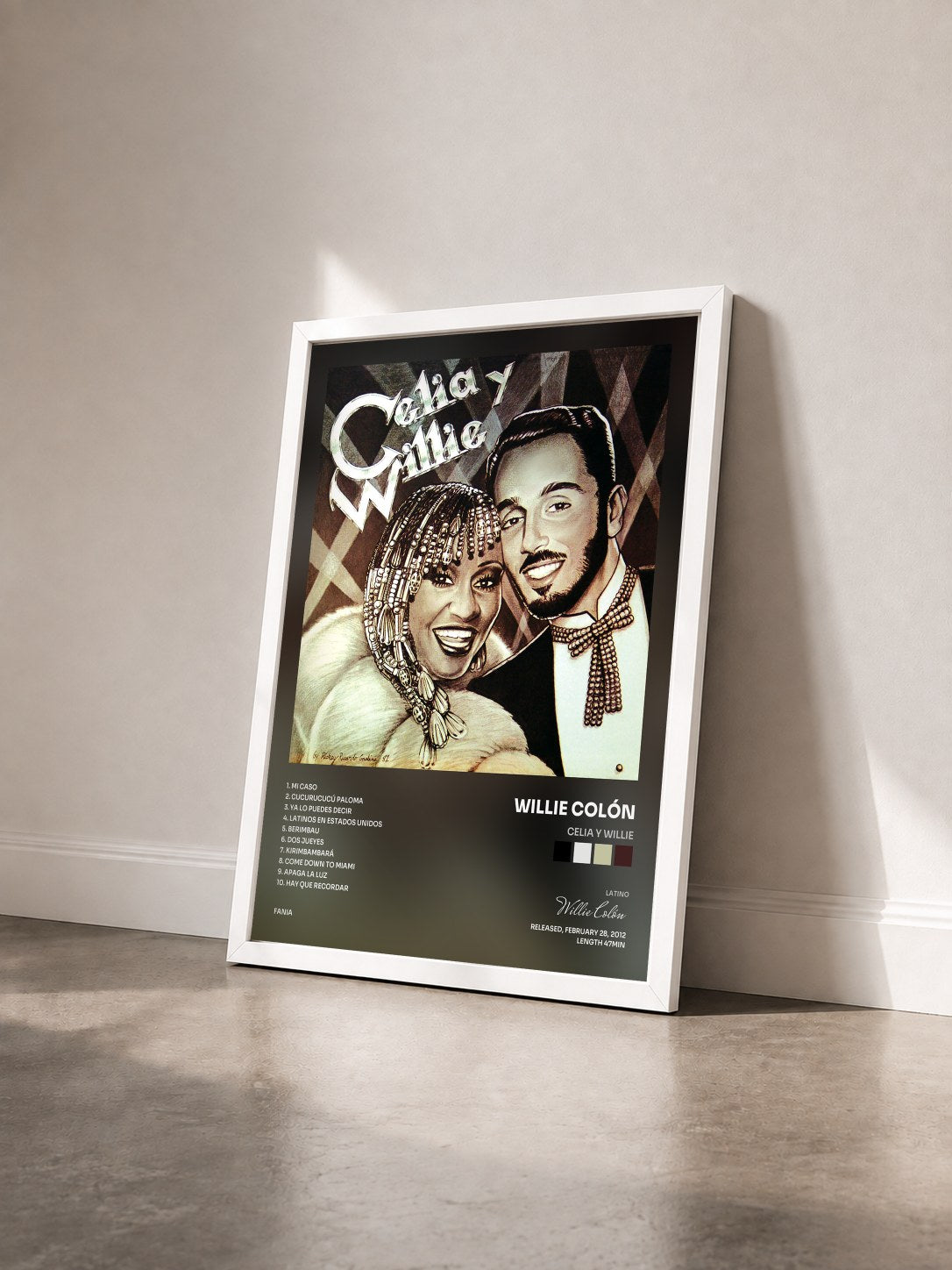 #blanc Tableau de l'album Celia y Willie de Willie Colón vu de trois quarts, cadre blanc