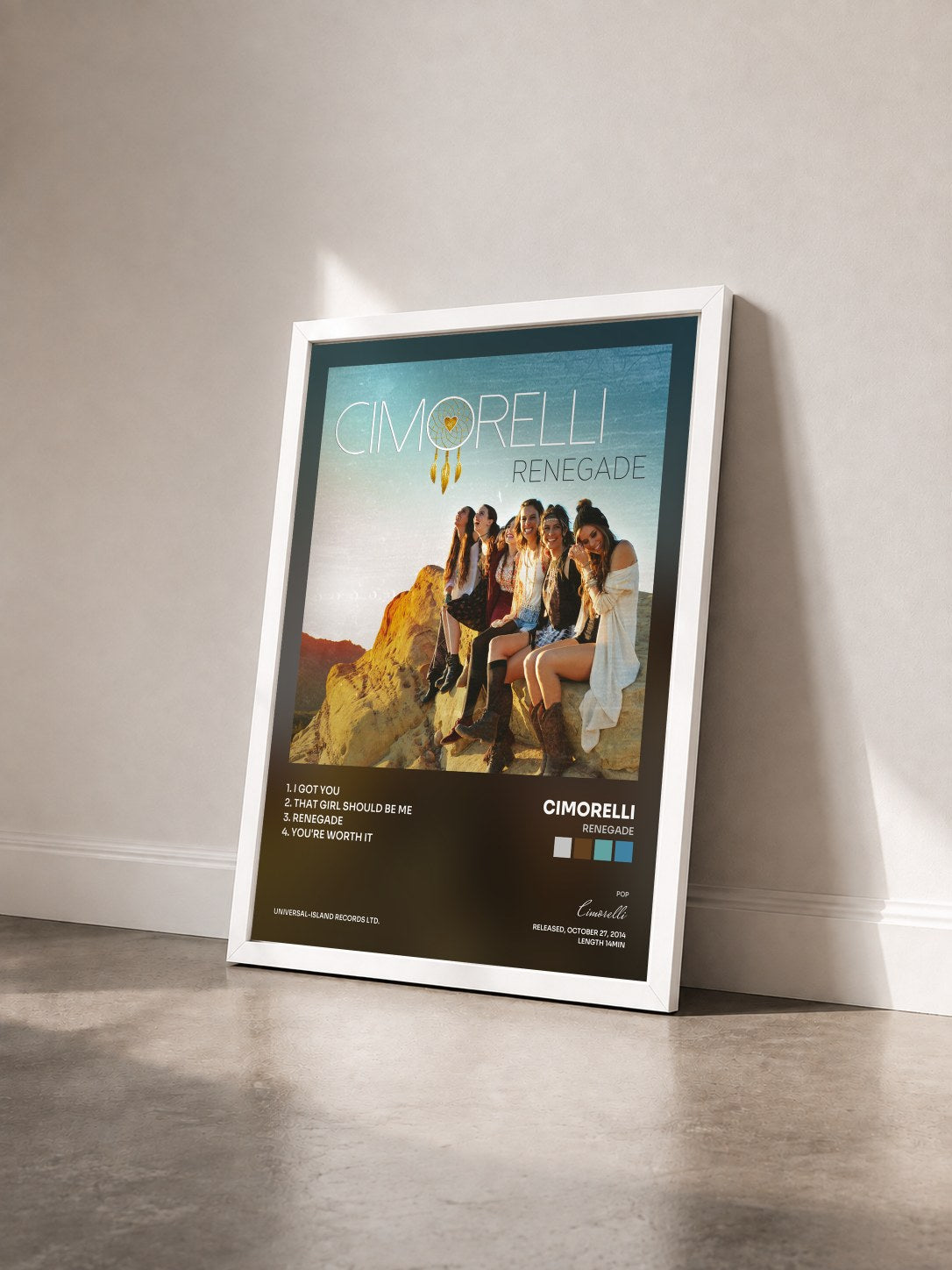 #blanc Tableau de l'album Renegade de Cimorelli vu de trois quarts, cadre blanc