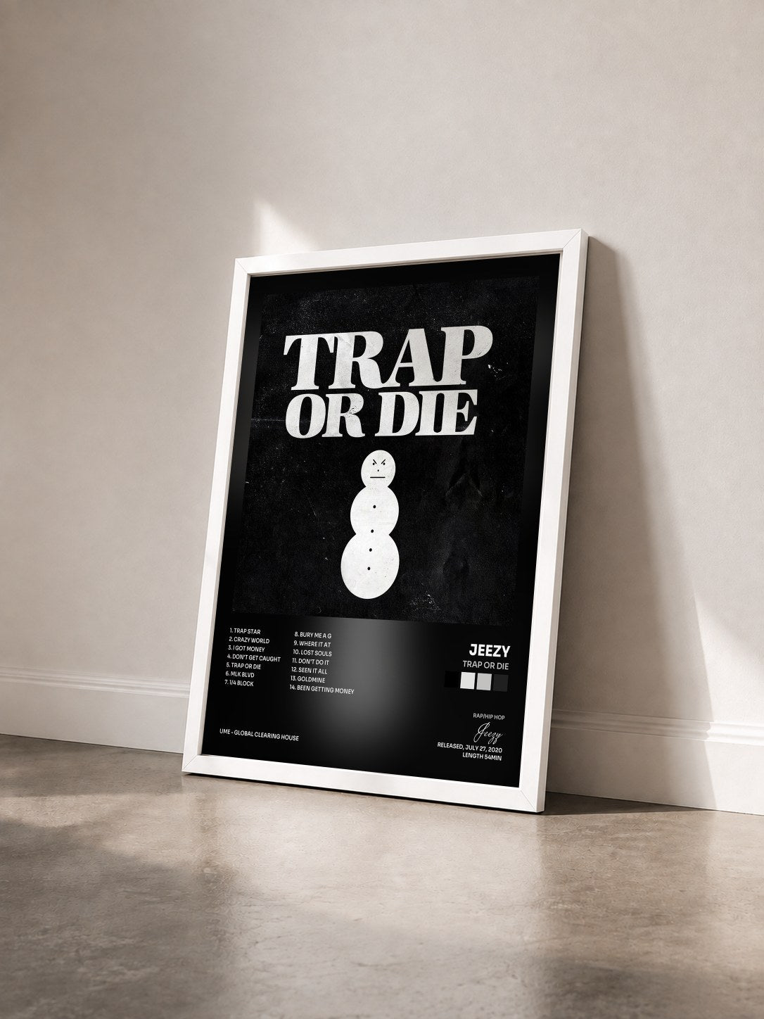 #blanc Tableau de l'album Trap or Die de Jeezy vu de trois quarts, cadre blanc