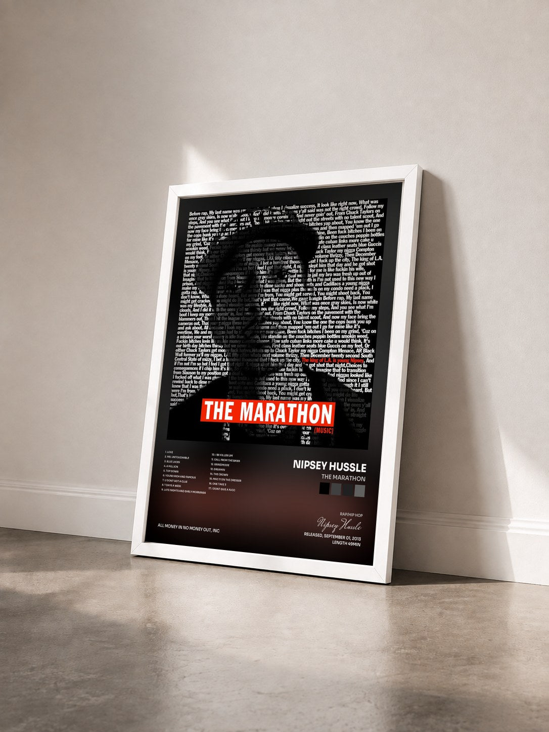 #blanc Tableau de l'album The Marathon de Nipsey Hussle vu de trois quarts, cadre blanc
