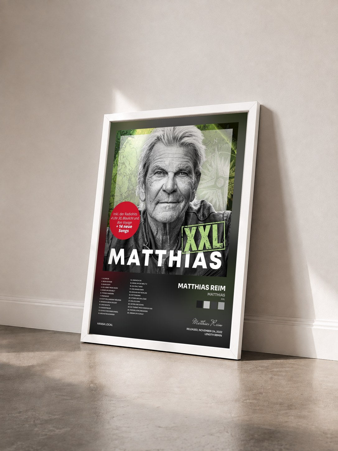 #blanc Tableau de l'album MATTHIAS (XXL) de Matthias Reim vu de trois quarts, cadre blanc