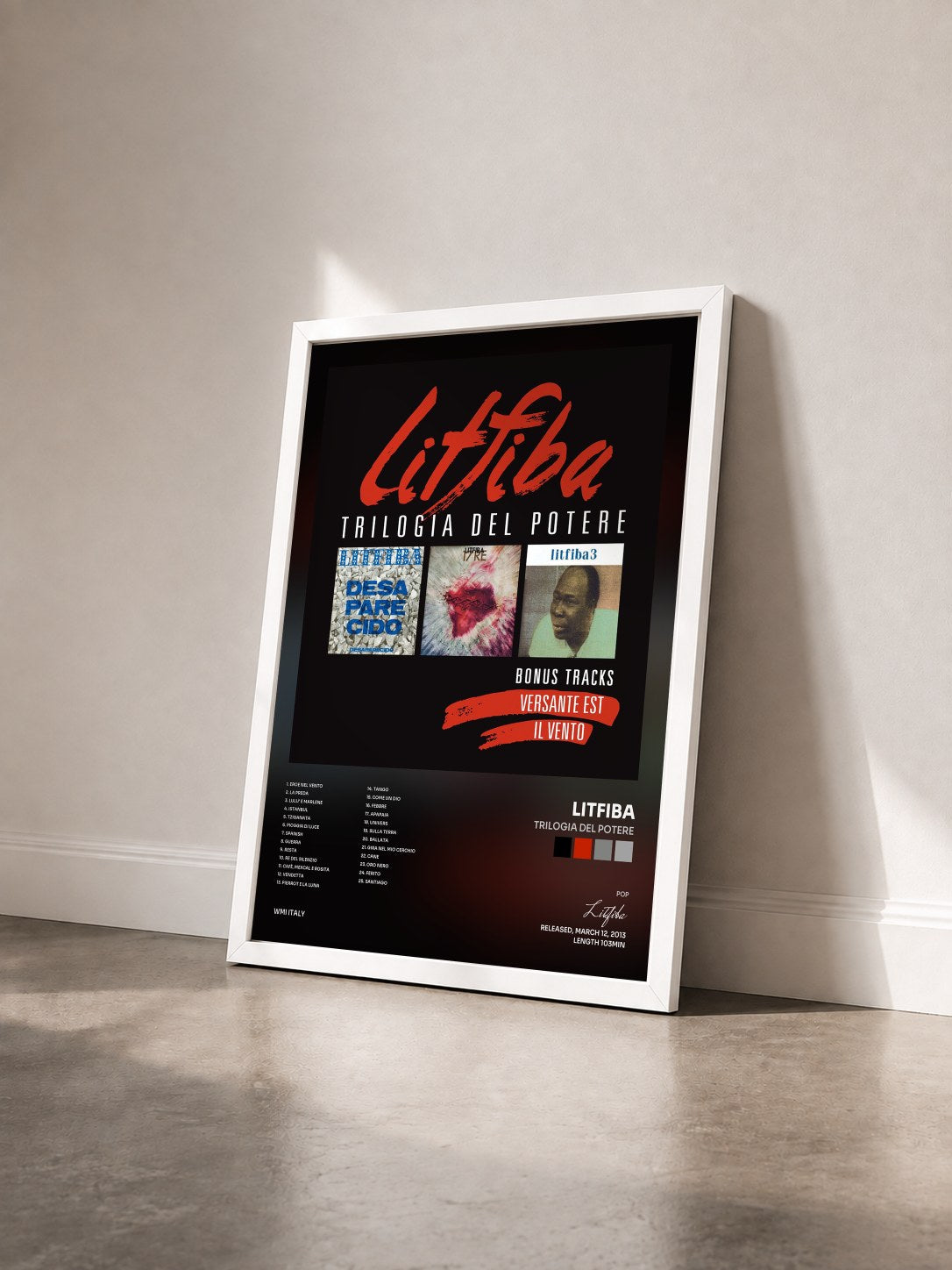 #blanc Tableau de l'album Trilogia del Potere de Litfiba vu de trois quarts, cadre blanc