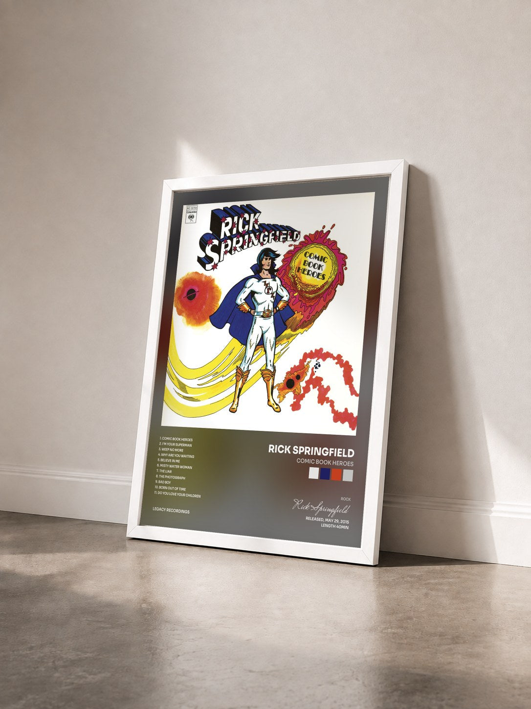 #blanc Tableau de l'album Comic Book Heroes de Rick Springfield vu de trois quarts, cadre blanc