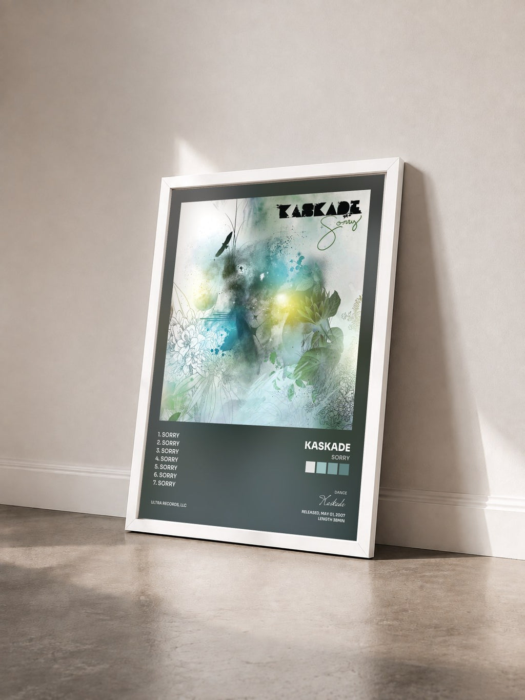 #blanc Tableau de l'album Sorry de Kaskade vu de trois quarts, cadre blanc