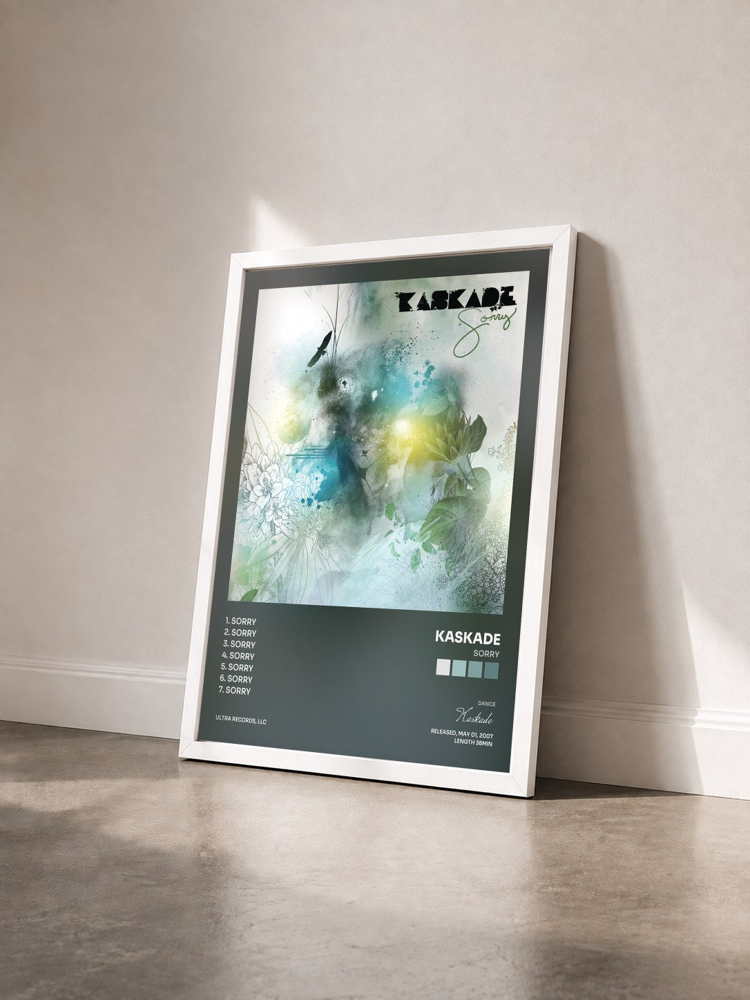 #blanc Tableau de l'album Sorry de Kaskade vu de trois quarts, cadre blanc