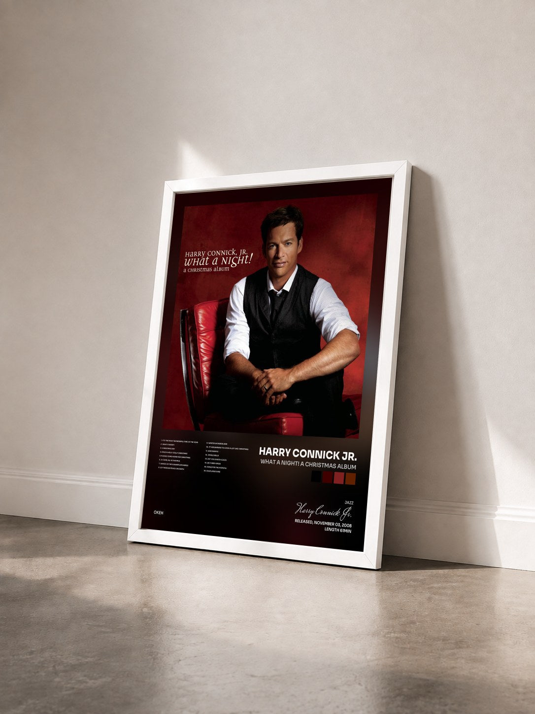 #blanc Tableau de l'album What A Night! A Christmas Album de Harry Connick Jr. vu de trois quarts, cadre blanc