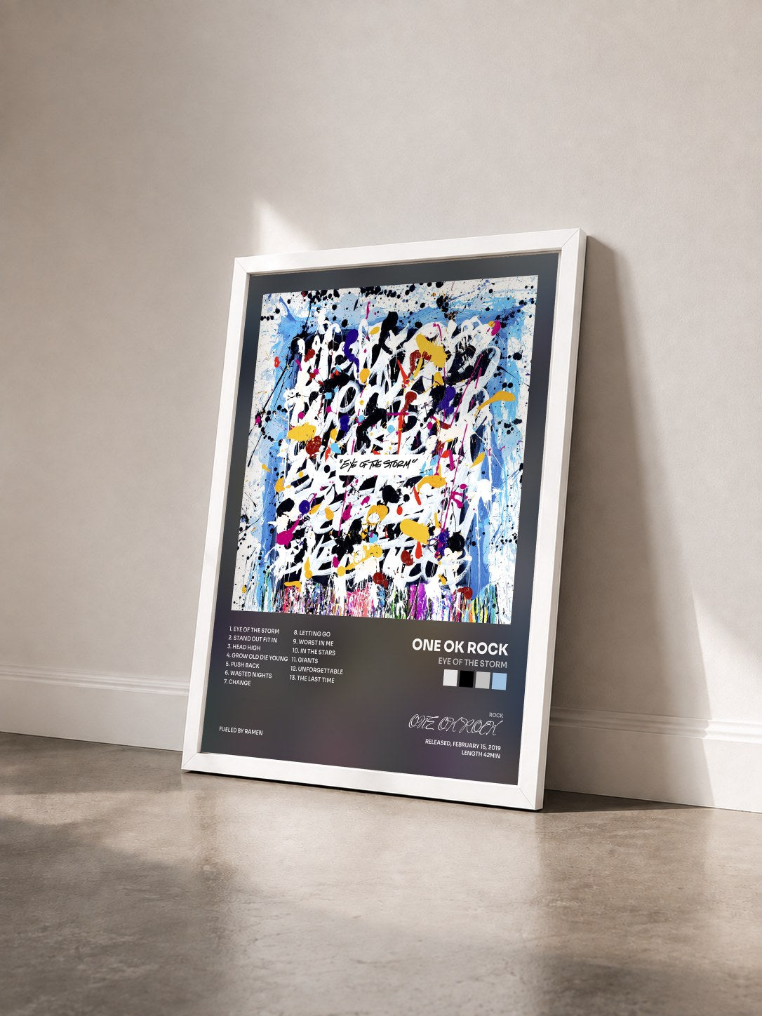 #blanc Tableau de l'album Eye of the Storm de ONE OK ROCK vu de trois quarts, cadre blanc