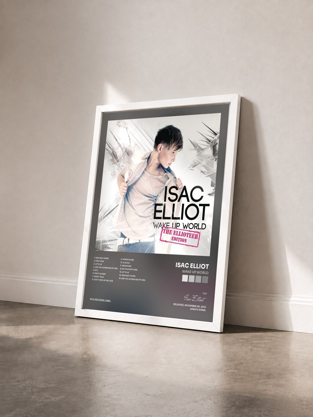 #blanc Tableau de l'album Wake Up World de Isac Elliot vu de trois quarts, cadre blanc