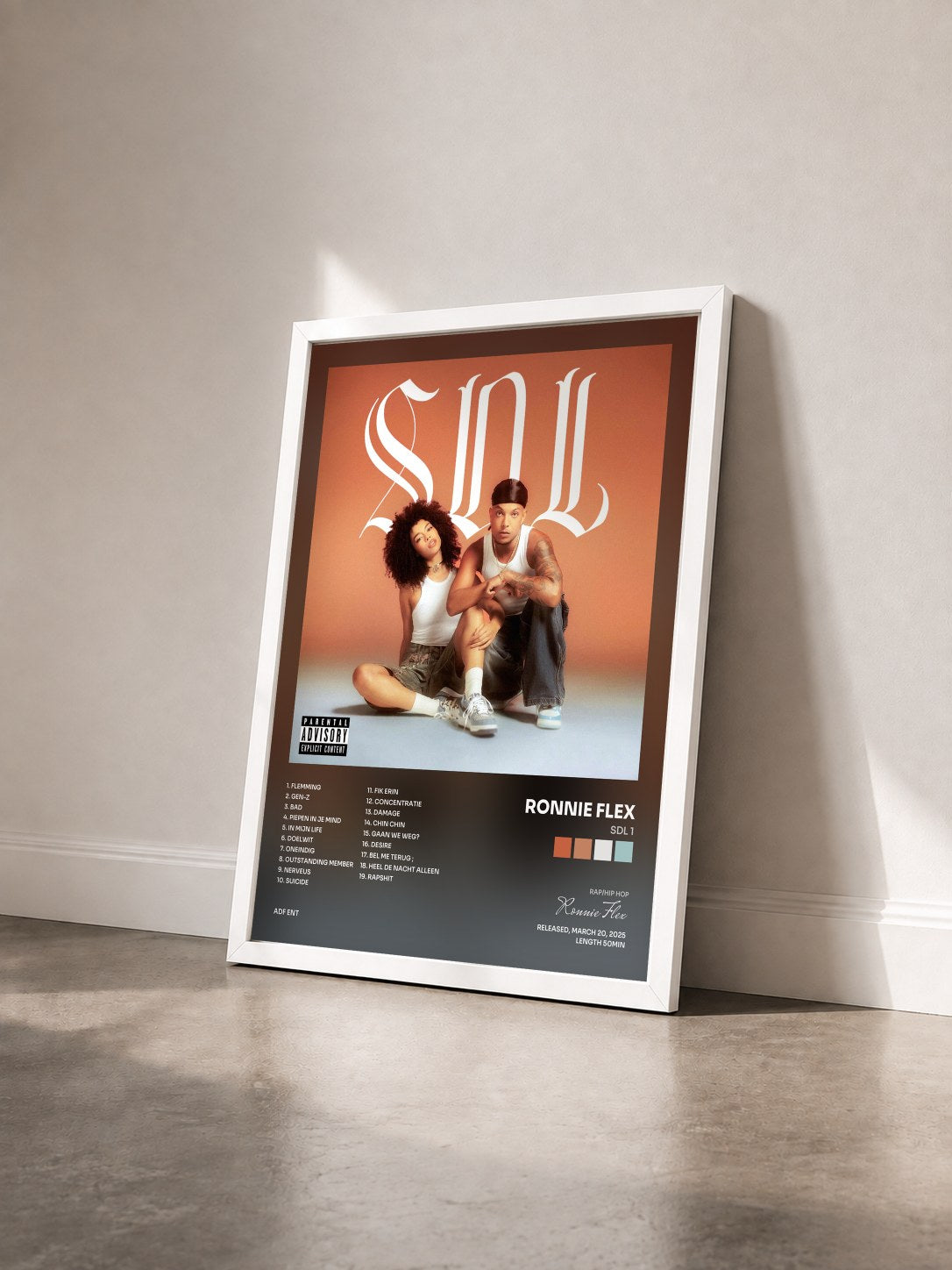 #blanc Tableau de l'album SDL 1 de Ronnie Flex vu de trois quarts, cadre blanc