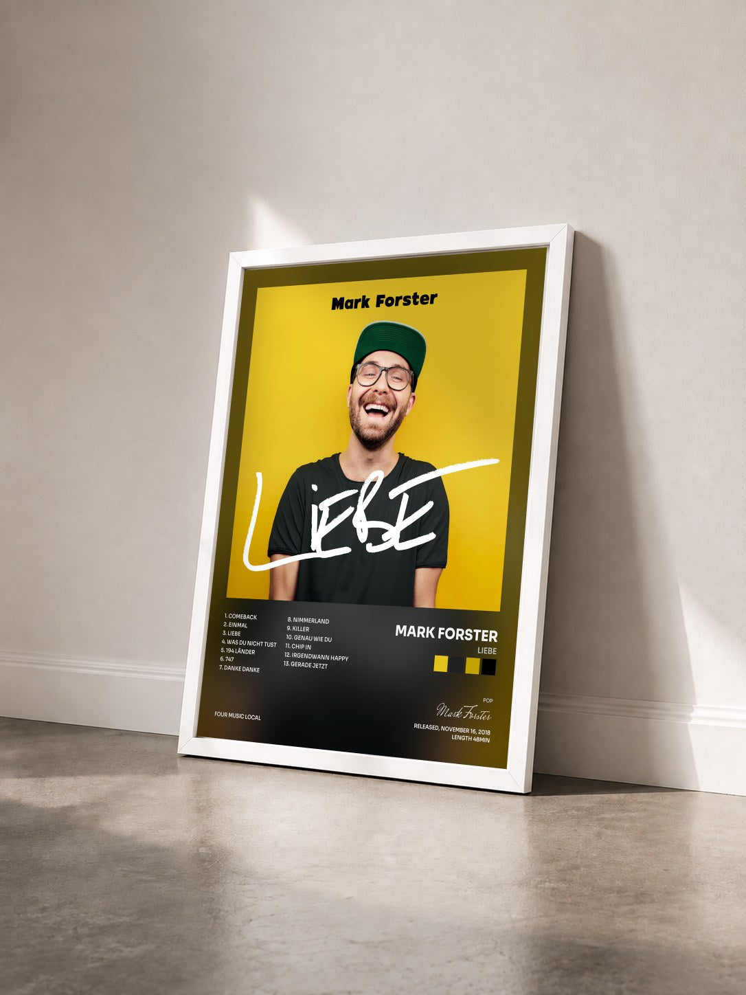 #blanc Tableau de l'album LIEBE de Mark Forster vu de trois quarts, cadre blanc