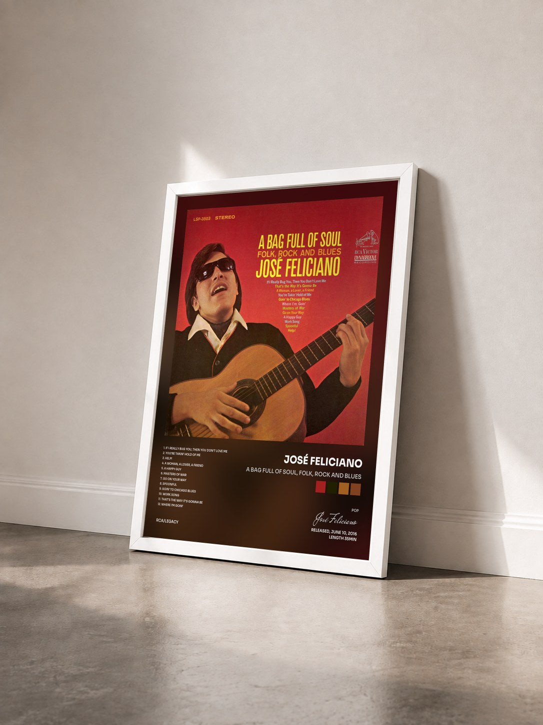 #blanc Tableau de l'album A Bag Full of Soul, Folk, Rock and Blues de José Feliciano vu de trois quarts, cadre blanc