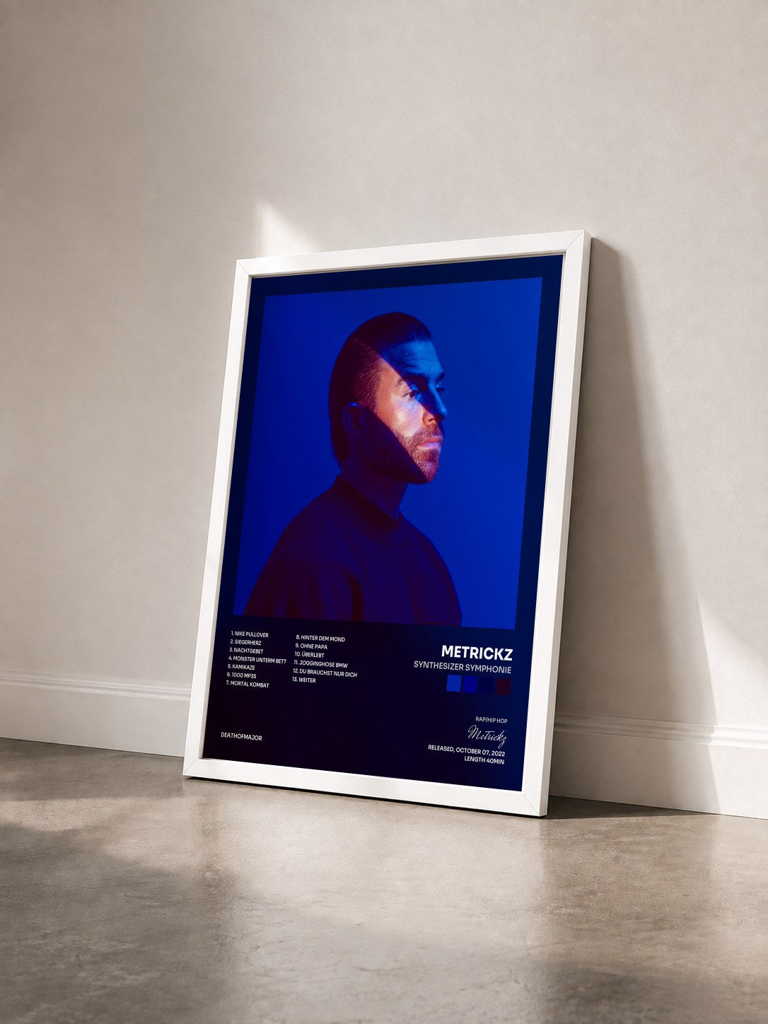 #blanc Tableau de l'album Synthesizer Symphonie de Metrickz vu de trois quarts, cadre blanc