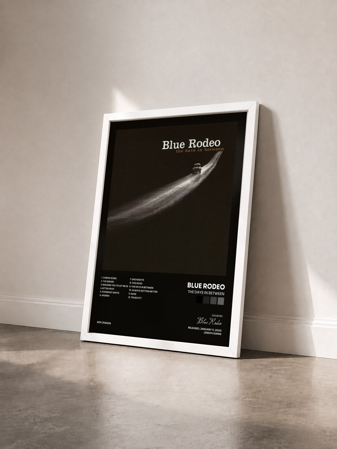 #blanc Tableau de l'album The Days in Between de Blue Rodeo vu de trois quarts, cadre blanc