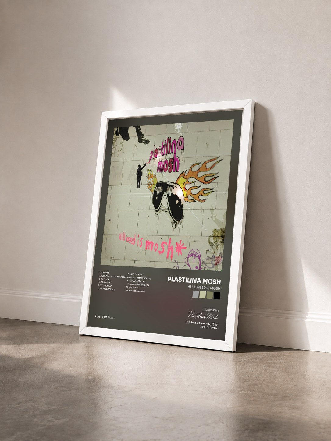 #blanc Tableau de l'album All U Need Is Mosh de Plastilina Mosh vu de trois quarts, cadre blanc
