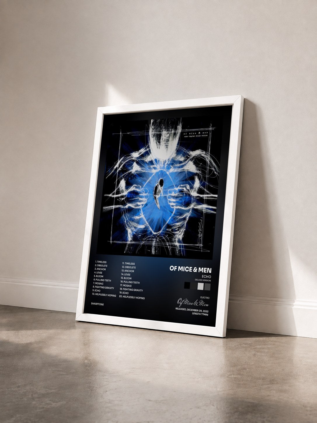 #blanc Tableau de l'album Echo (Deluxe Version) de Of Mice & Men vu de trois quarts, cadre blanc