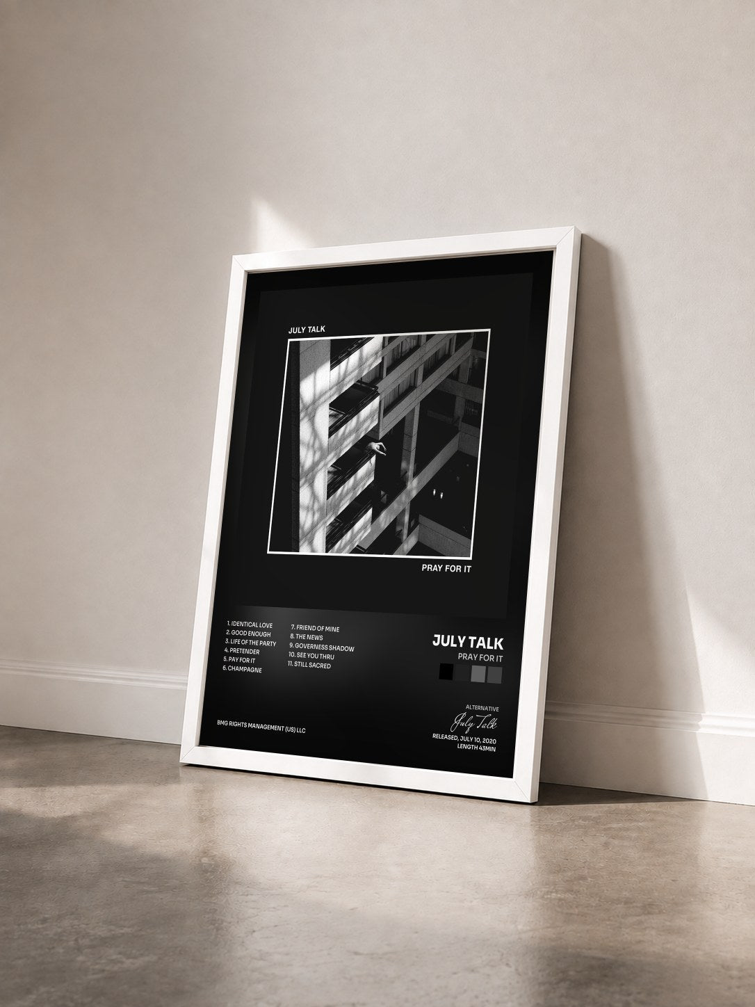 #blanc Tableau de l'album Pray For It de July Talk vu de trois quarts, cadre blanc
