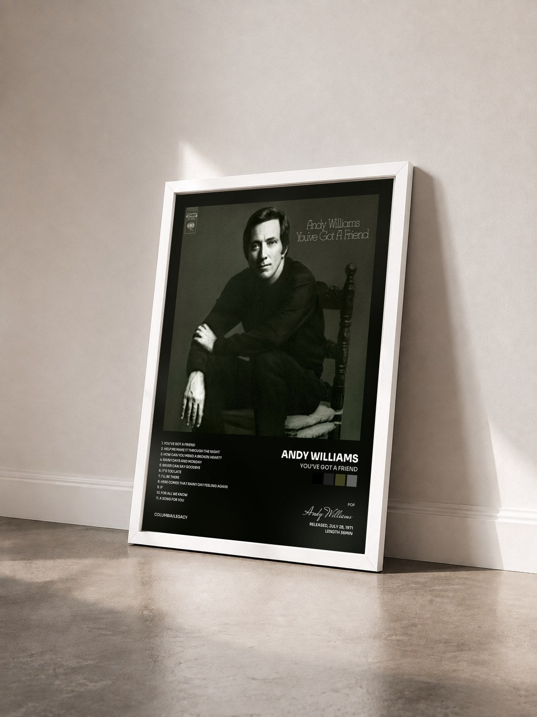 #blanc Tableau de l'album You've Got a Friend de Andy Williams vu de trois quarts, cadre blanc