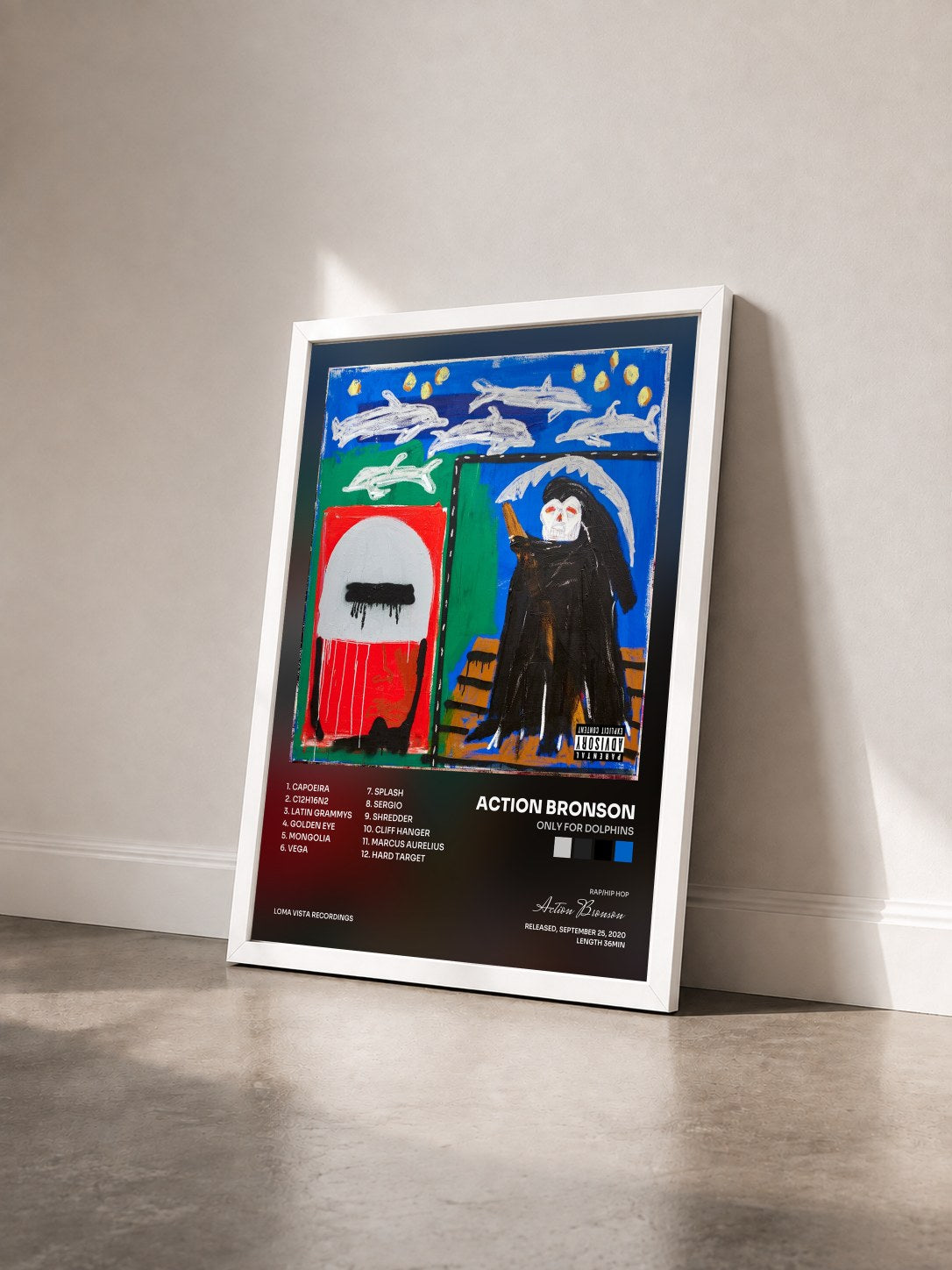 #blanc Tableau de l'album Only For Dolphins de Action Bronson vu de trois quarts, cadre blanc
