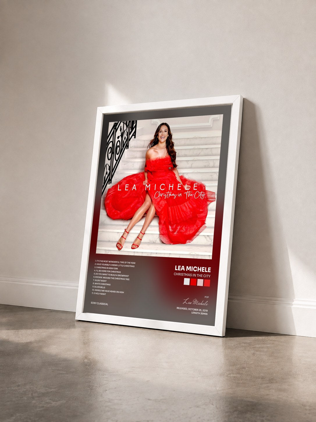 #blanc Tableau de l'album Christmas in The City de Lea Michele vu de trois quarts, cadre blanc