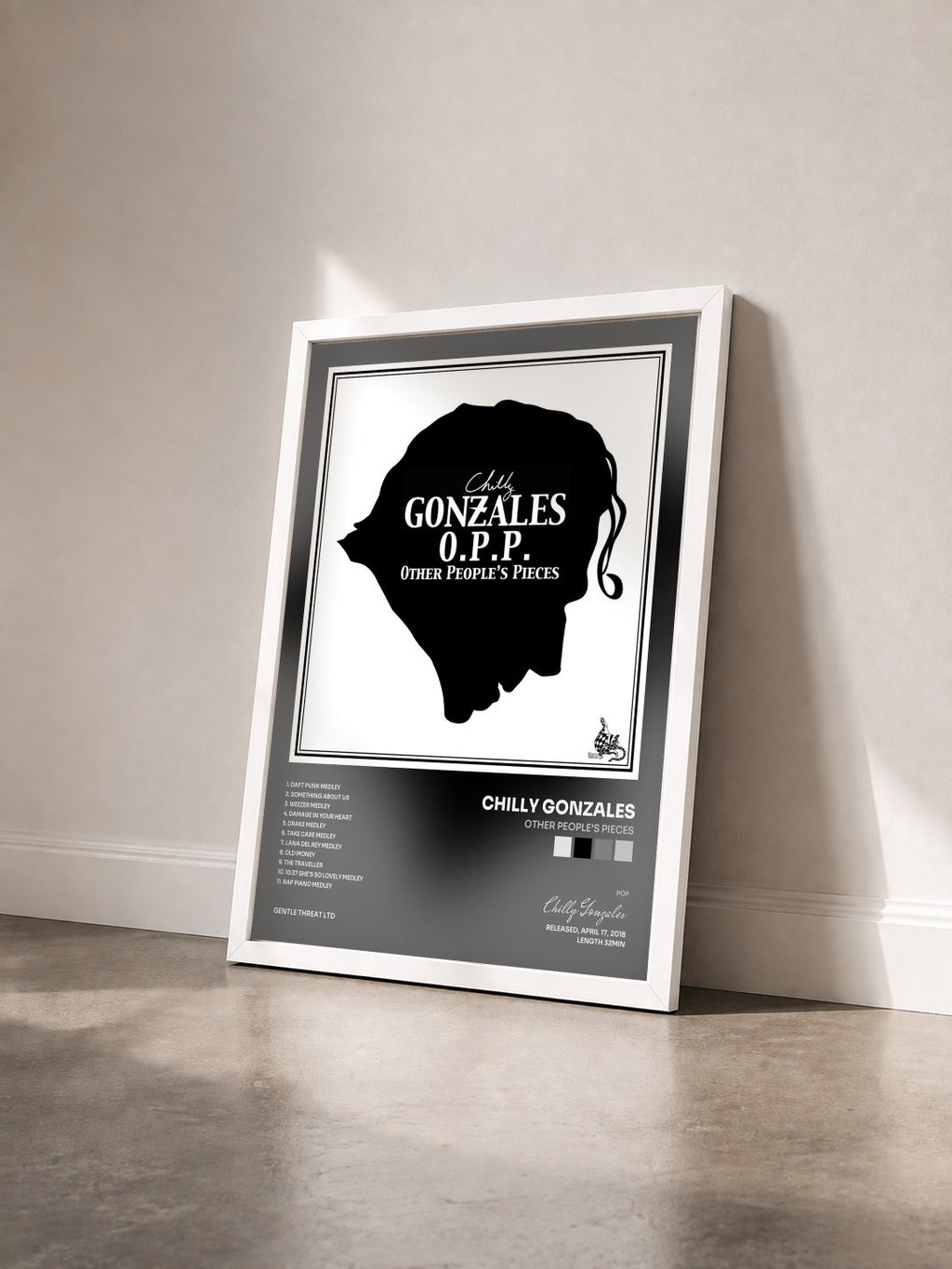 #blanc Other People's Pieces by Chilly Gonzales as a framed art print seen at an angle, white frame