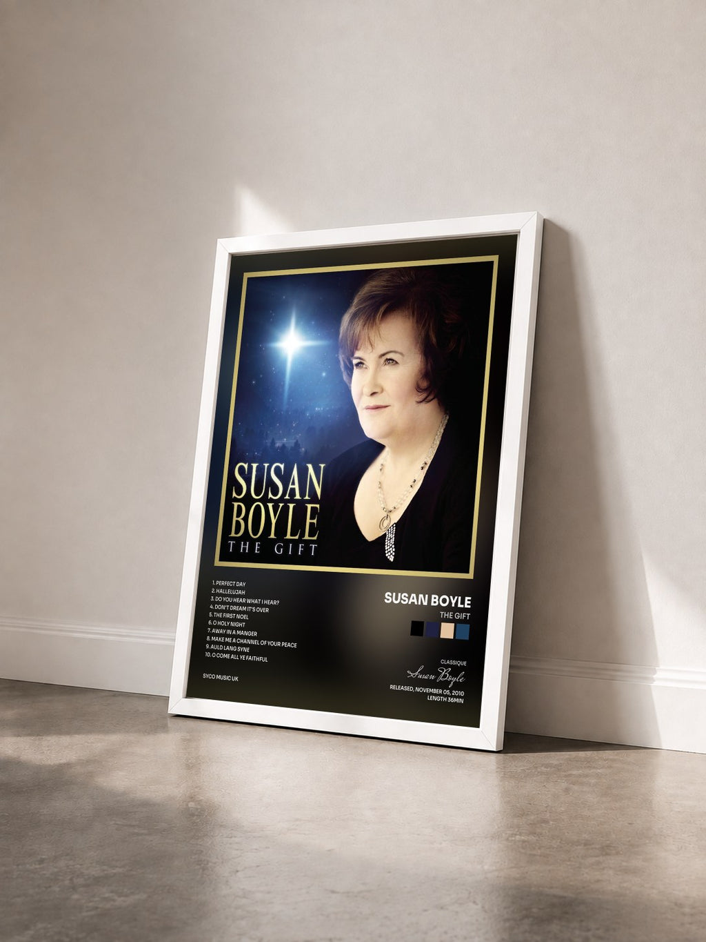 #blanc Tableau de l'album The Gift de Susan Boyle vu de trois quarts, cadre blanc