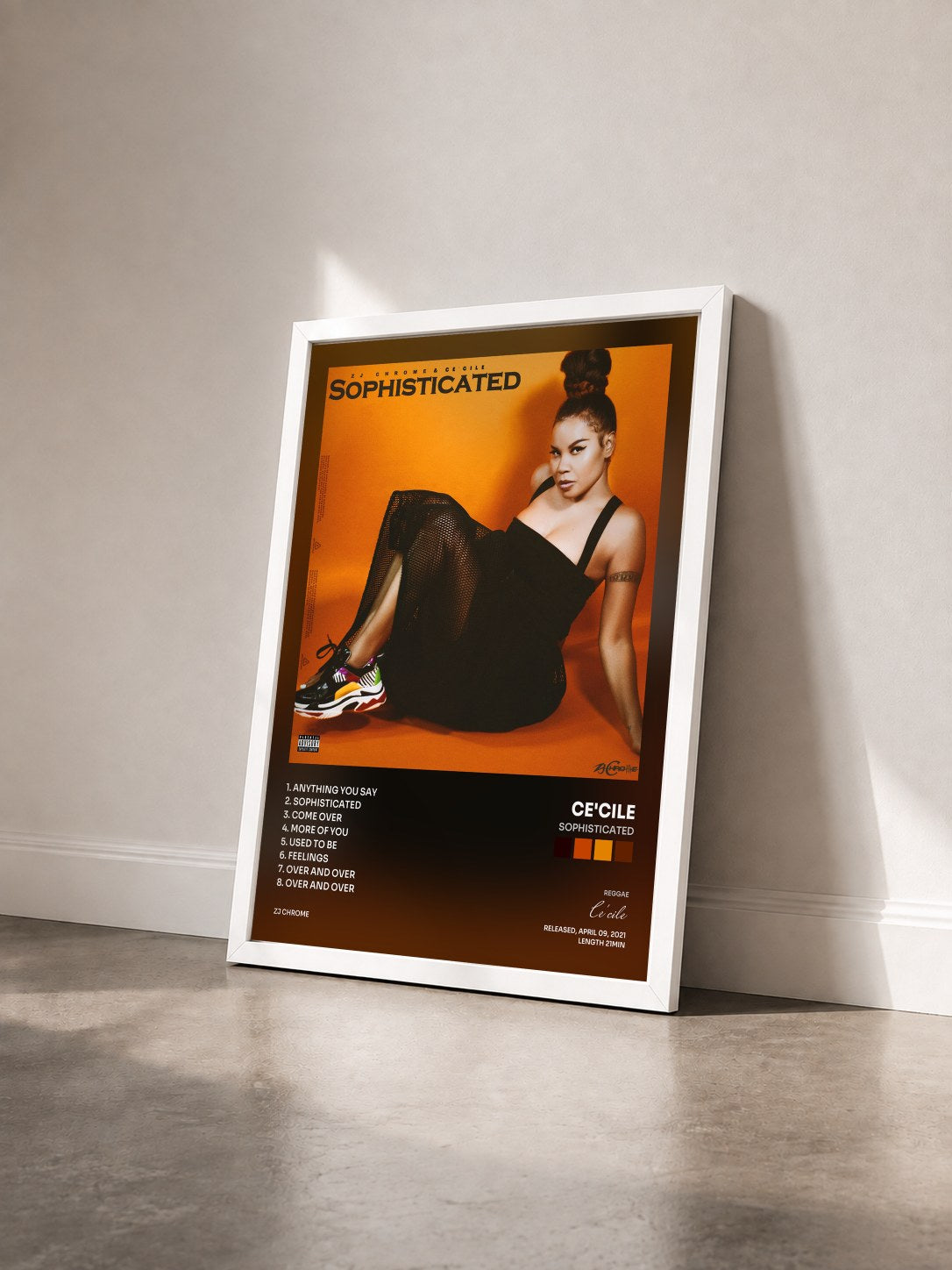 #blanc Tableau de l'album Sophisticated de Ce'cile vu de trois quarts, cadre blanc