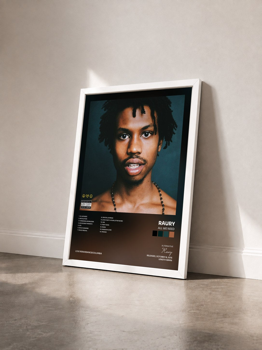 #blanc Tableau de l'album All We Need de Raury vu de trois quarts, cadre blanc