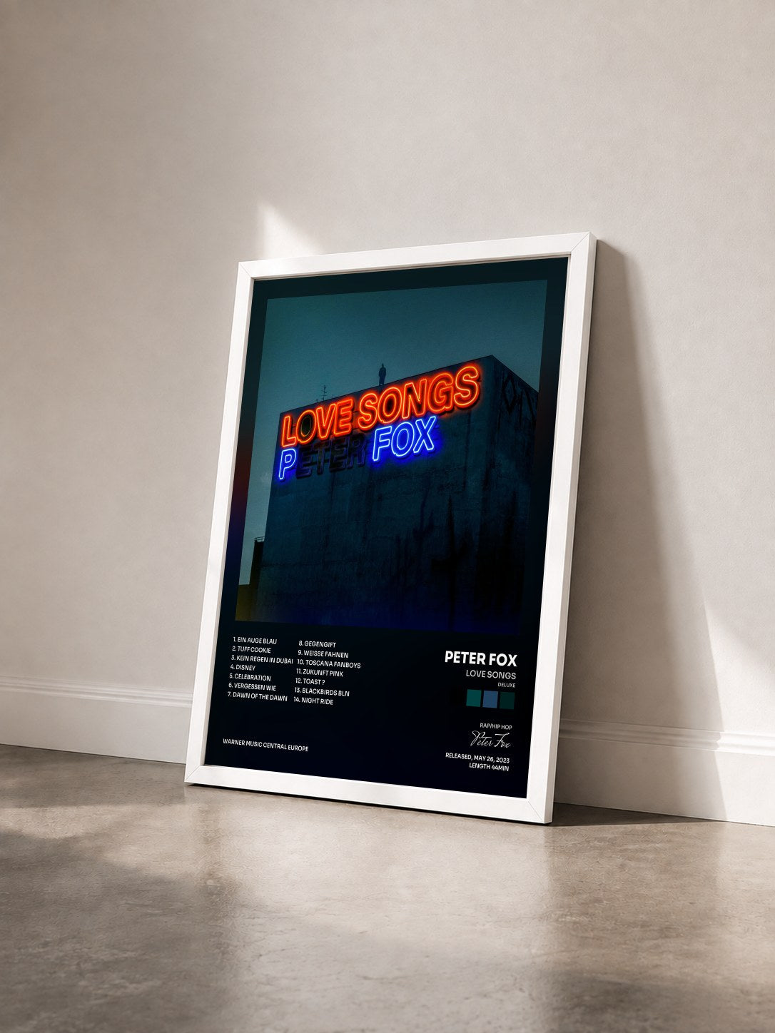 #blanc Tableau de l'album Love Songs (deluxe) de Peter Fox vu de trois quarts, cadre blanc
