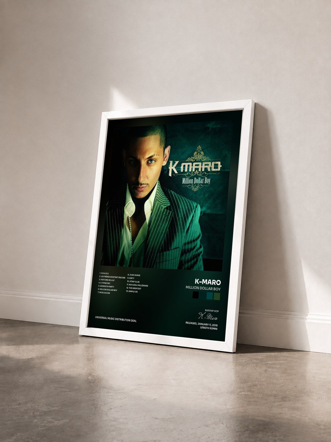 #blanc Tableau de l'album Million Dollar Boy de K-Maro vu de trois quarts, cadre blanc