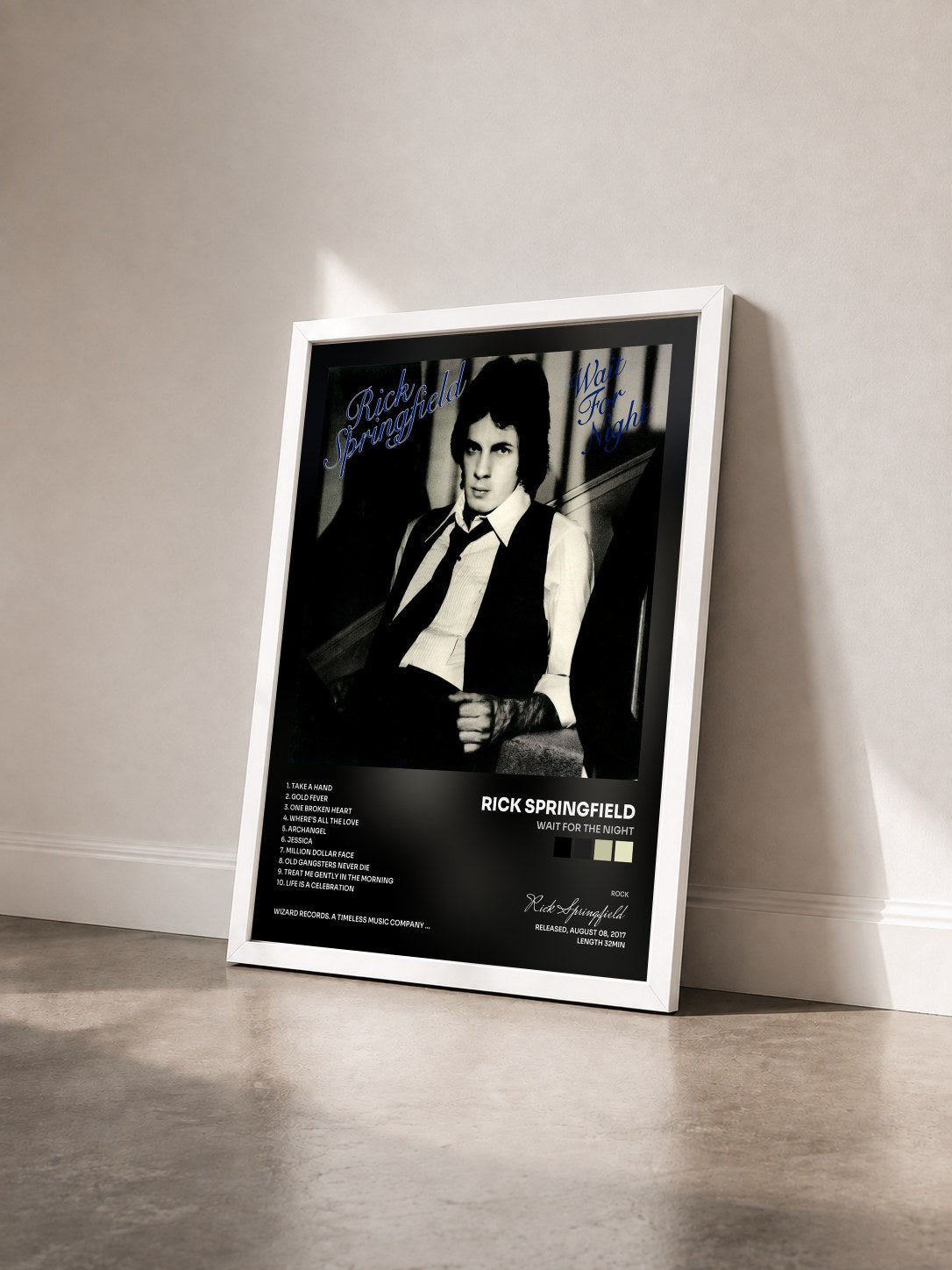 #blanc Tableau de l'album Wait for the Night de Rick Springfield vu de trois quarts, cadre blanc