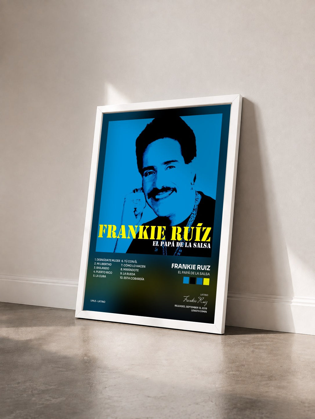 #blanc El Papá De La Salsa by Frankie Ruiz as a framed art print seen at an angle, white frame