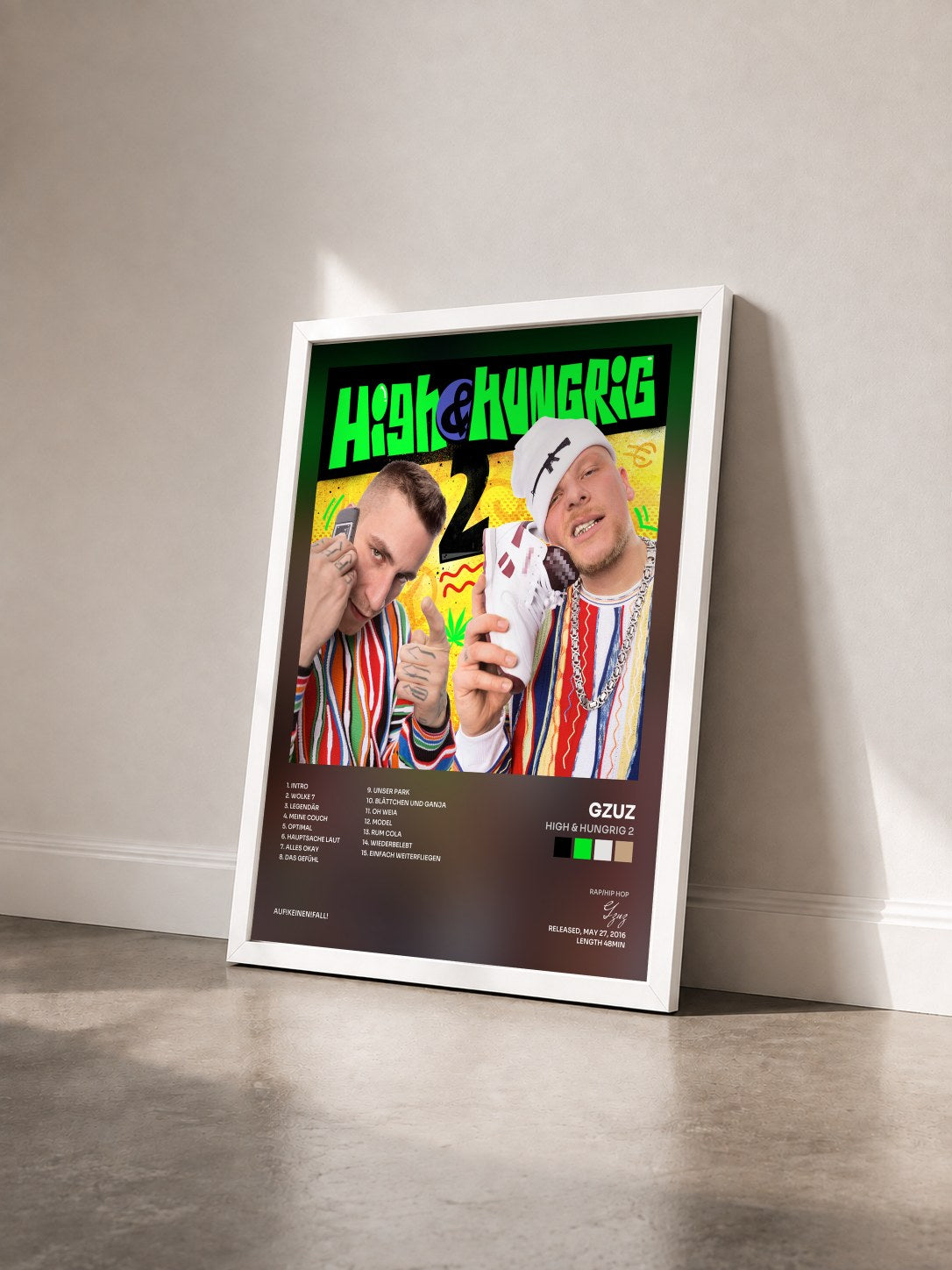 #blanc Tableau de l'album High & Hungrig 2 de Gzuz vu de trois quarts, cadre blanc