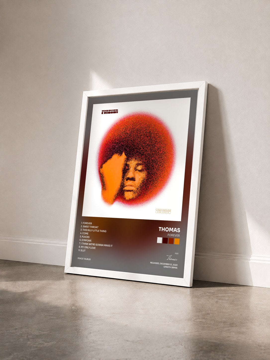 #blanc Tableau de l'album Forever de Thomas vu de trois quarts, cadre blanc