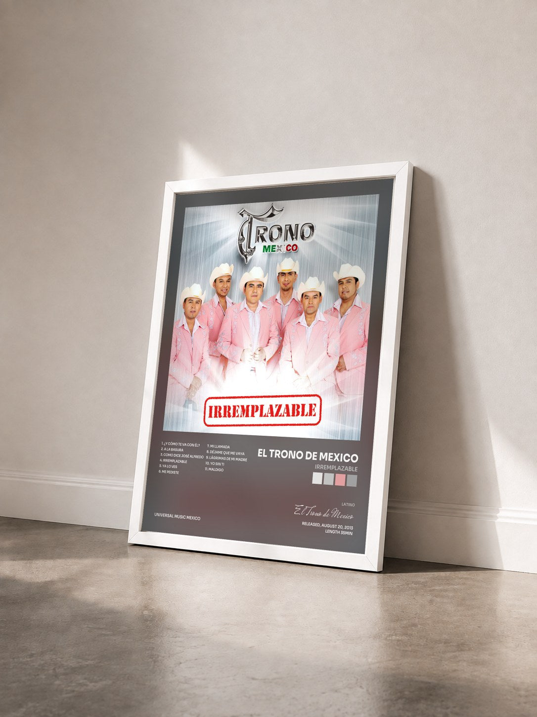 #blanc Tableau de l'album Irremplazable de El Trono de Mexico vu de trois quarts, cadre blanc