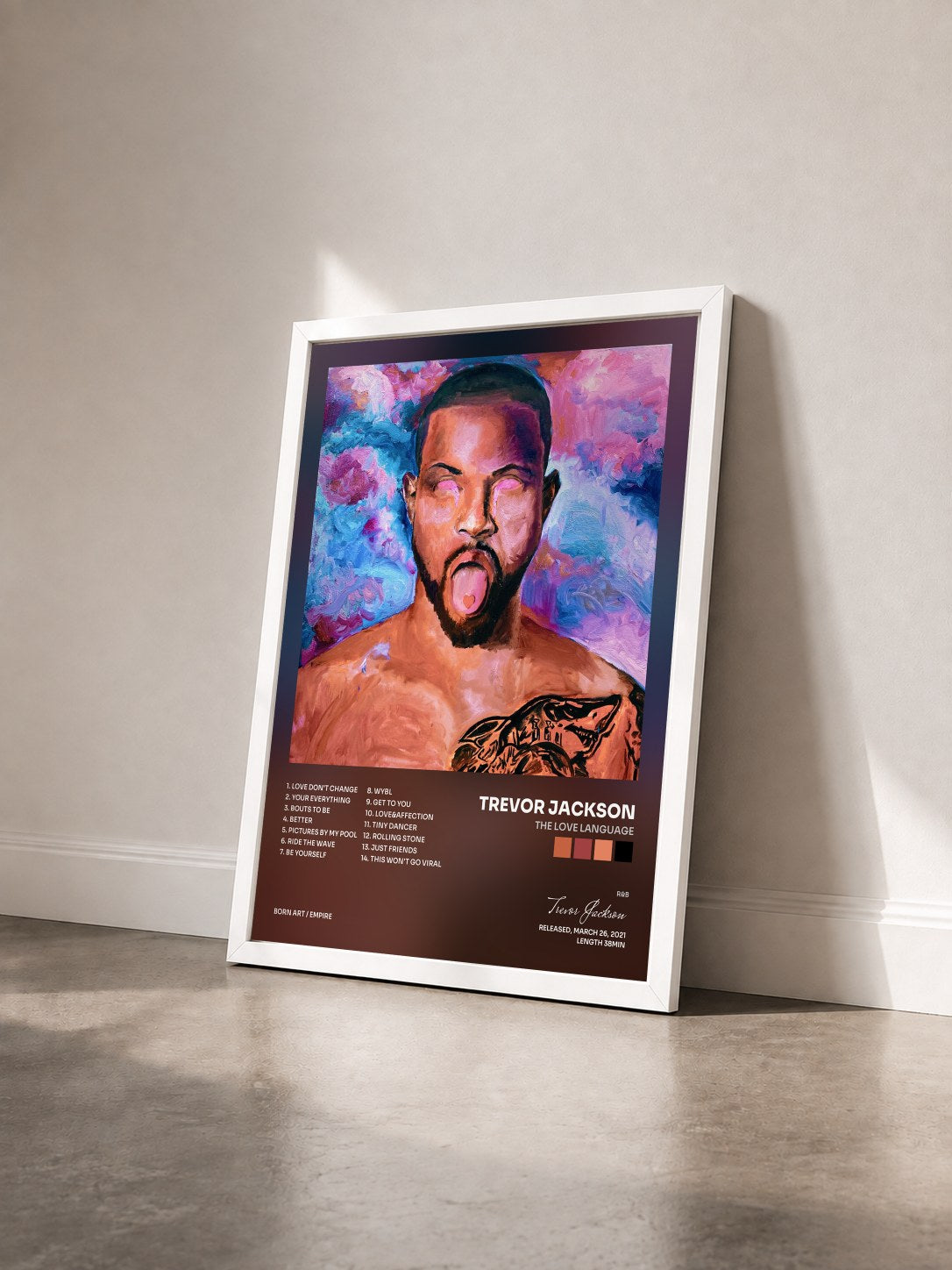 #blanc Tableau de l'album The Love Language de Trevor Jackson vu de trois quarts, cadre blanc