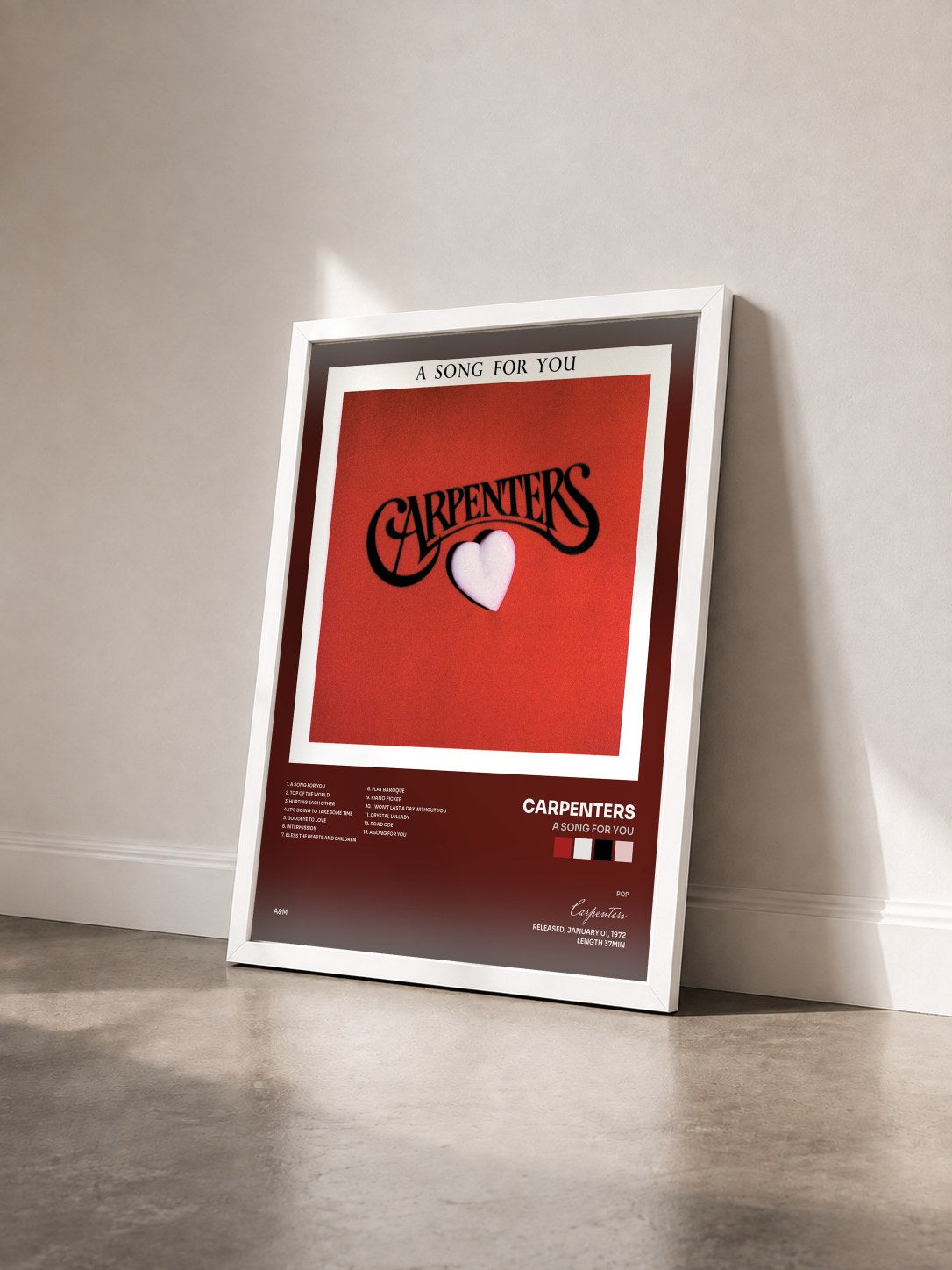#blanc Tableau de l'album A Song For You de Carpenters vu de trois quarts, cadre blanc
