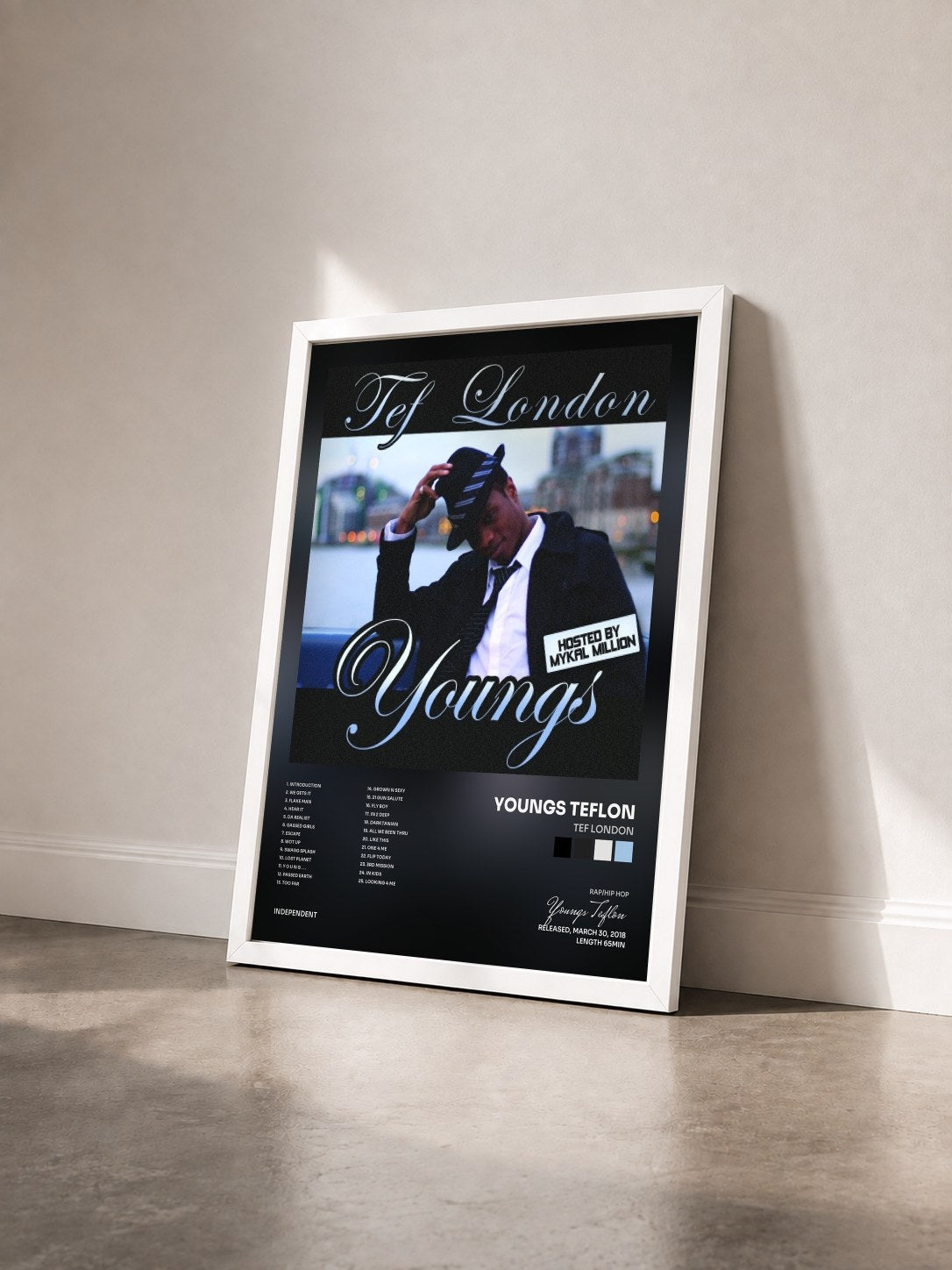 #blanc Tableau de l'album TEF LONDON de Youngs Teflon vu de trois quarts, cadre blanc