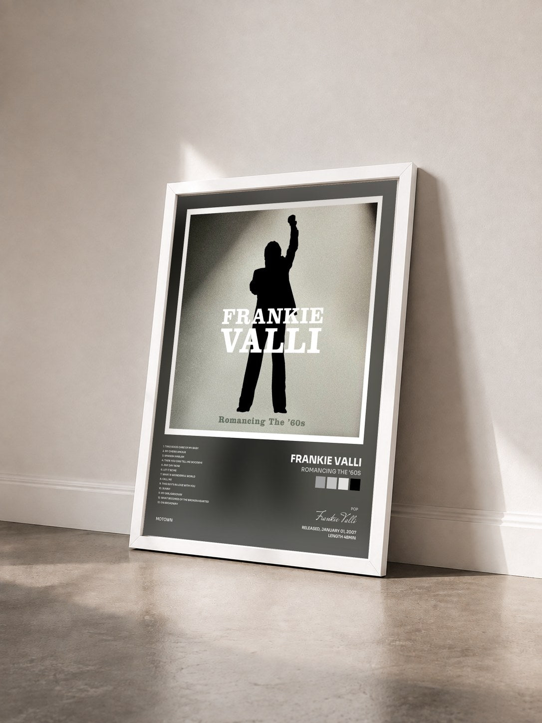 #blanc Tableau de l'album Romancing The '60s de Frankie Valli vu de trois quarts, cadre blanc