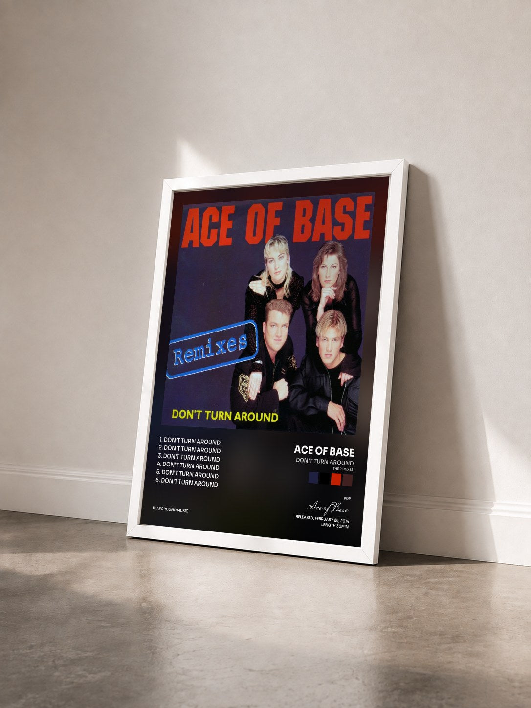 #blanc Tableau de l'album Don't Turn Around (The Remixes) de Ace of Base vu de trois quarts, cadre blanc