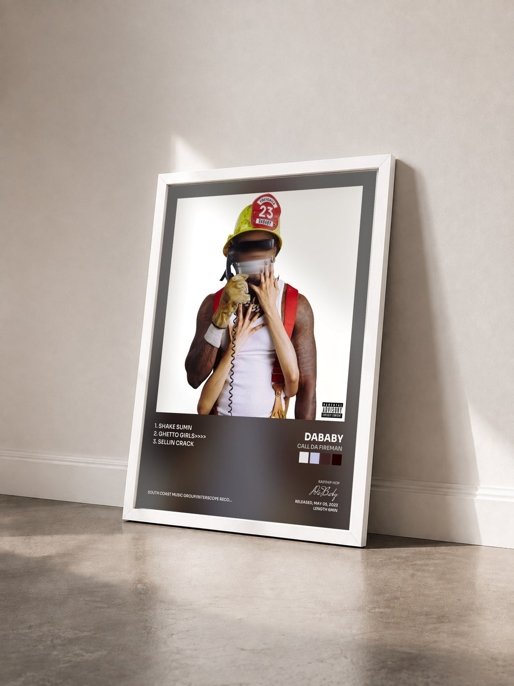 #blanc Tableau de l'album CALL DA FIREMAN de DaBaby vu de trois quarts, cadre blanc