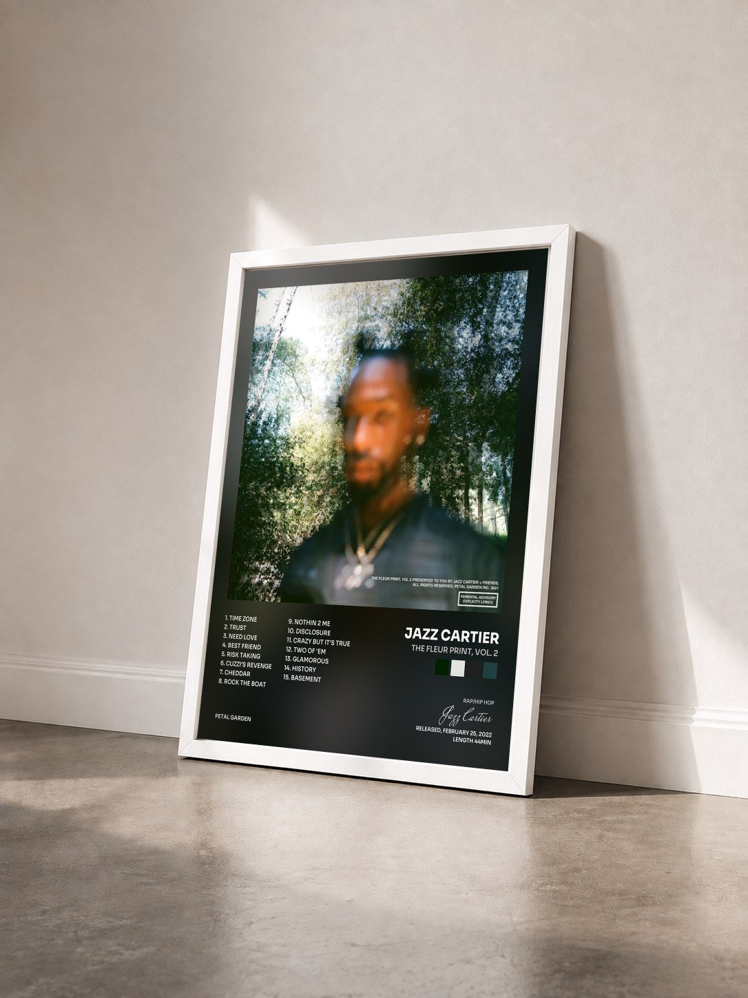 #blanc Tableau de l'album The Fleur Print, Vol. 2 de Jazz Cartier vu de trois quarts, cadre blanc